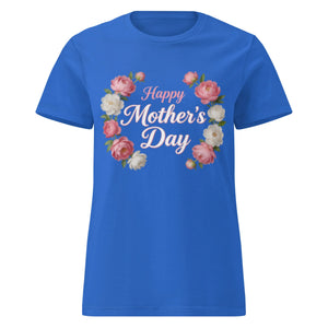 Royal blue women's t-shirt with 'Happy Mother's Day' and pink floral design on front