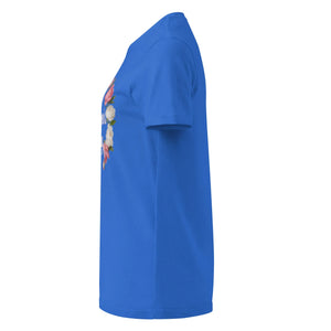 Royal blue women's basic softstyle t-shirt with floral graphic, left side view