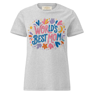 Women's light grey t-shirt with colorful 'World's Best Mom' floral graphic on front
