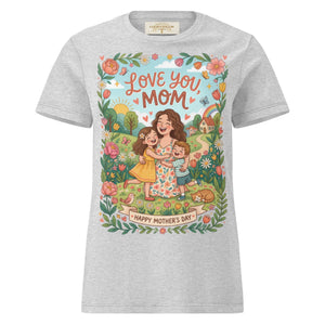 Grey women's t-shirt with colorful 'Love You Mom' Mother's Day graphic featuring a mother hugging two children in a floral, scenic background.