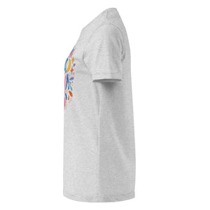 Women's grey softstyle t-shirt with colorful floral graphic, left side view