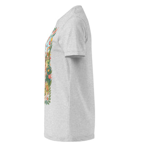Women's light grey short-sleeve t-shirt with colorful floral graphic on side view
