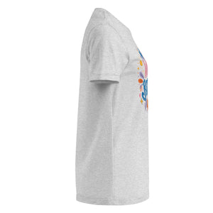Women's basic softstyle t-shirt in sport grey, right side view, with colorful front graphic