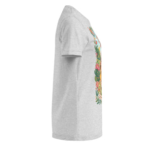 Women’s basic softstyle t-shirt in sport grey with colorful floral graphic, side view