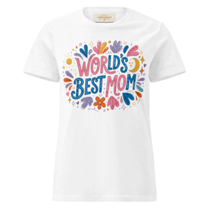 White women's t-shirt with colorful 'World's Best Mom' floral graphic on front