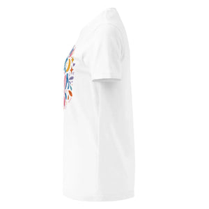 White women's t-shirt with colorful front floral graphic, left side view