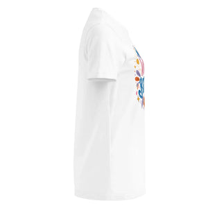 Women’s white short sleeve softstyle t-shirt with colorful front graphic, right side view.