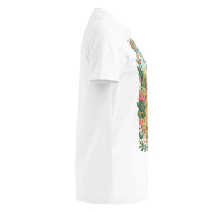White women's softstyle t-shirt, side view, with colorful floral front graphic