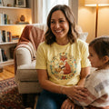 Smiling woman in yellow fox graphic t-shirt with child, cozy living room background
