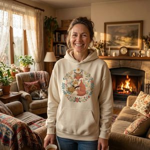 Smiling woman in a cozy living room wears a cream hoodie with a fox and floral design.