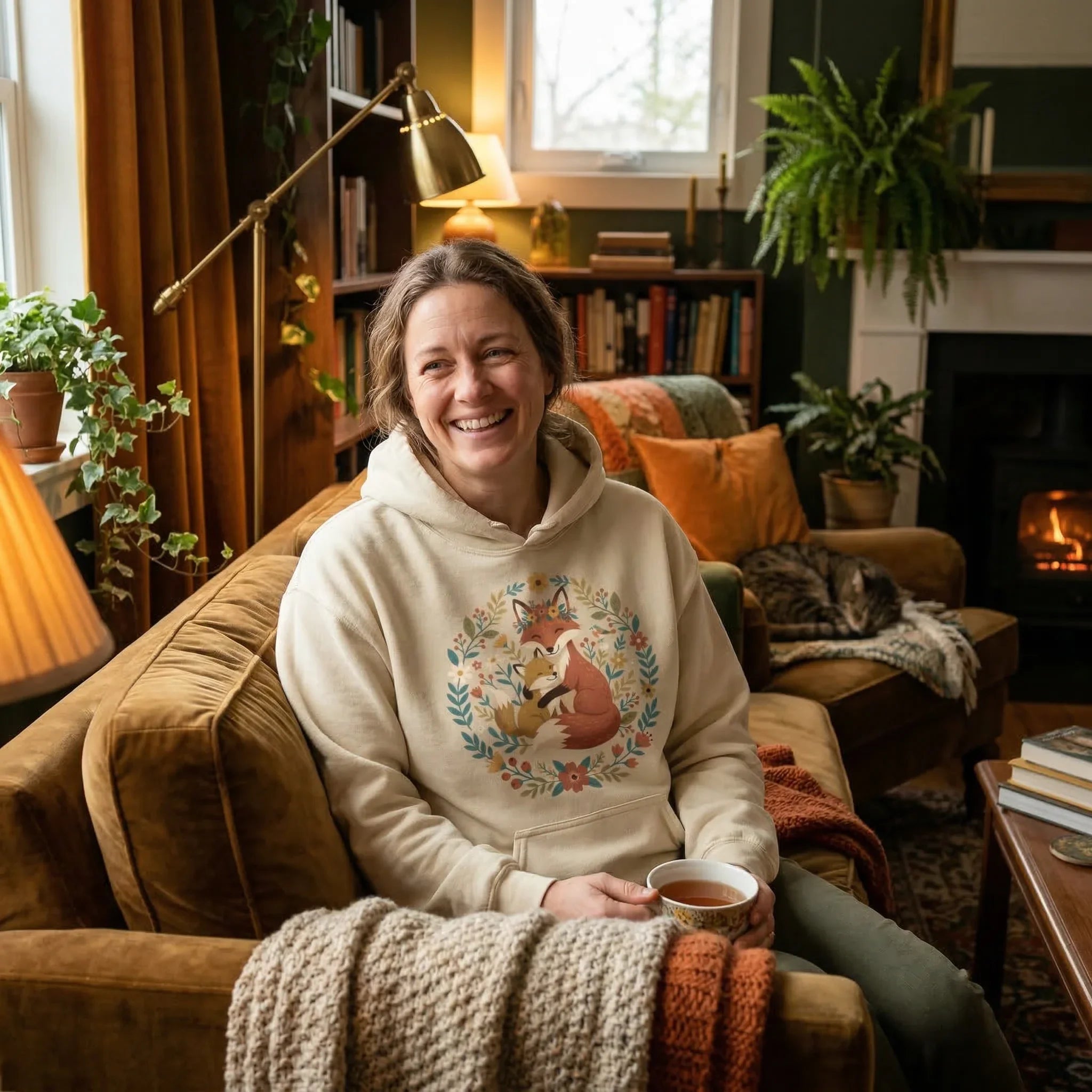 Smiling woman in cozy living room wearing cream hoodie with fox graphic, holding a cup of tea