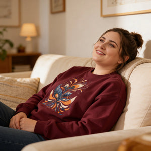 Woman relaxing on a sofa at home wearing a maroon graphic sweatshirt
