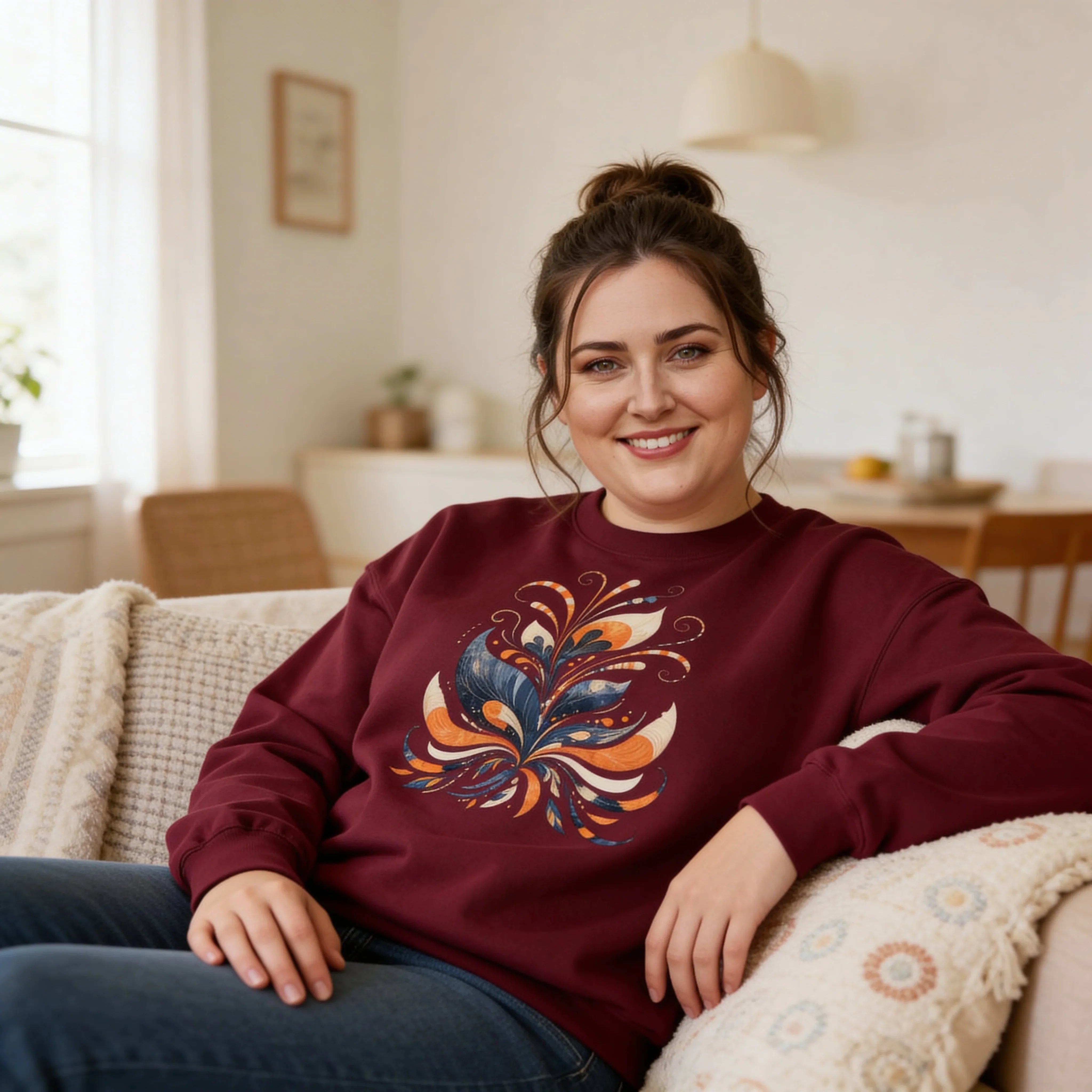 Woman relaxing at home wearing a maroon floral graphic sweatshirt, casual comfy apparel