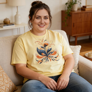Woman relaxing at home in a yellow graphic tee and blue jeans on a cozy sofa