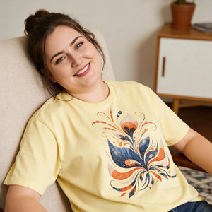 Woman relaxing at home in a yellow t-shirt with colorful floral graphic print