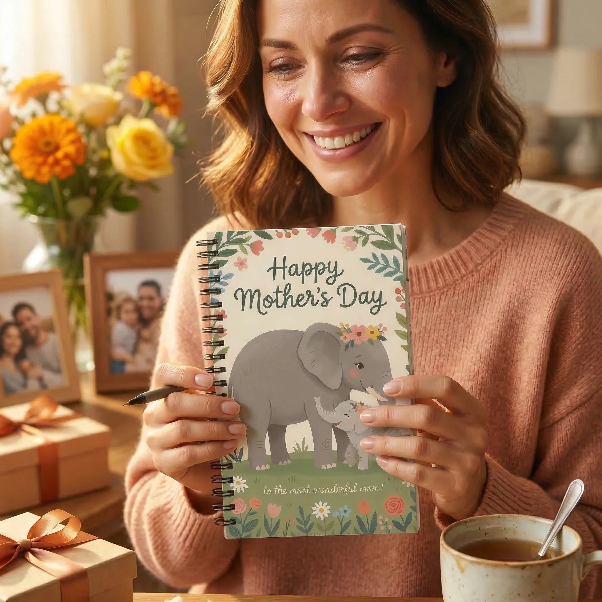 Woman holding a 'Happy Mother's Day' notebook with an elephant illustration, surrounded by flowers and a cup of coffee.
