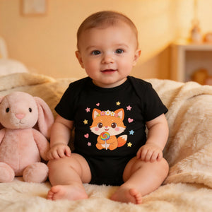 Smiling baby in a black fox-print onesie sitting on cozy blanket with pink plush bunny