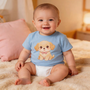 Smiling baby in blue puppy graphic t-shirt and diaper sitting on cozy bed