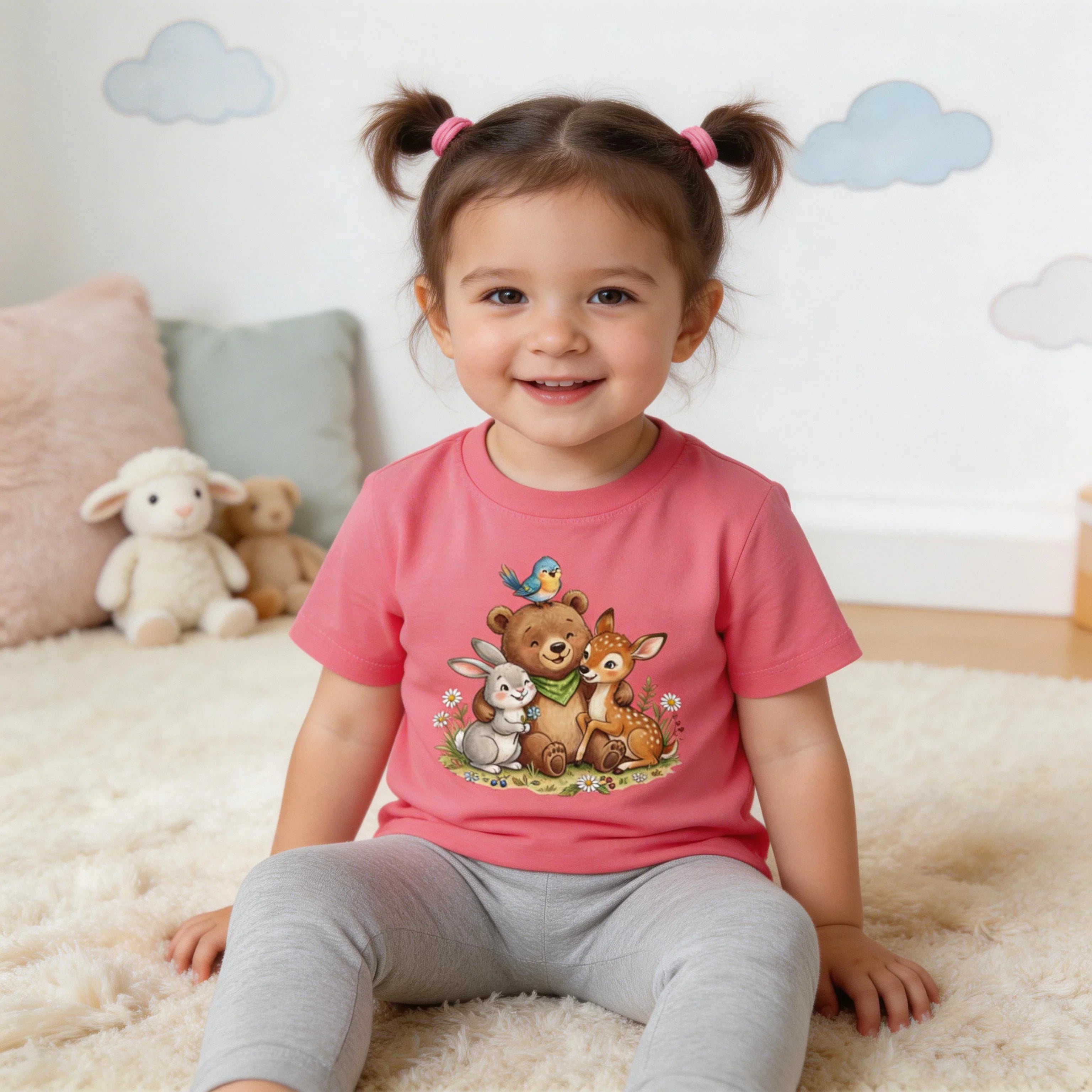 Smiling toddler girl in a pink animal graphic t-shirt and leggings in a cozy room.