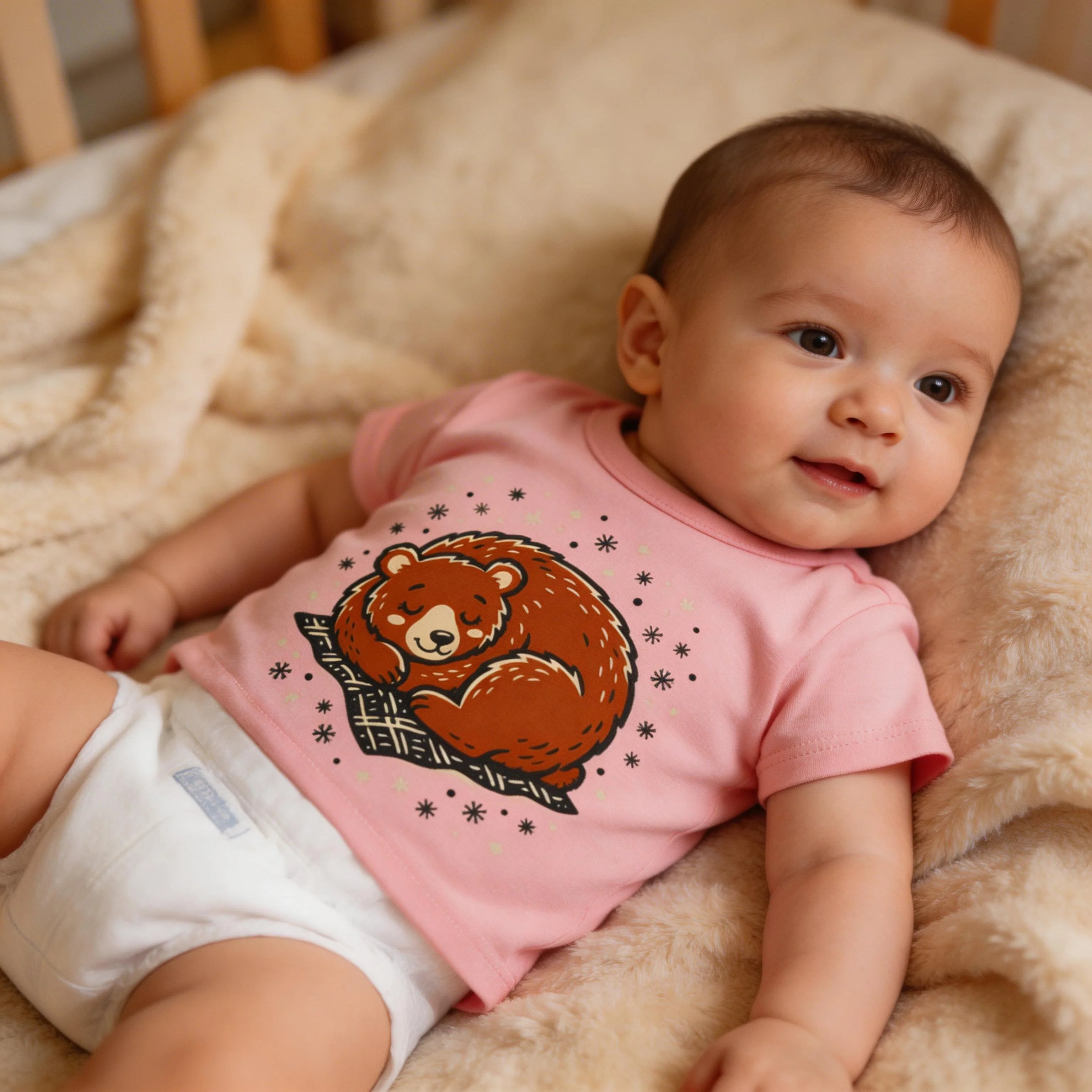 Baby wearing pink bear graphic t-shirt and diaper on soft beige blanket