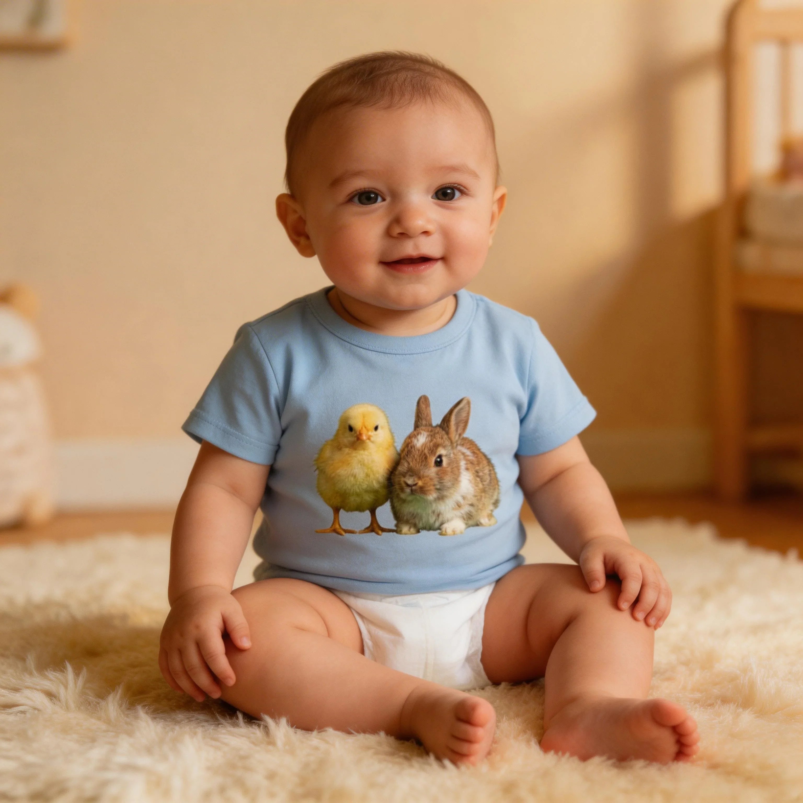Baby in blue animal graphic t-shirt and diaper sitting on soft rug in cozy nursery