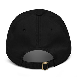 Black adjustable dad hat with metal buckle, rear view, plain classic cap style