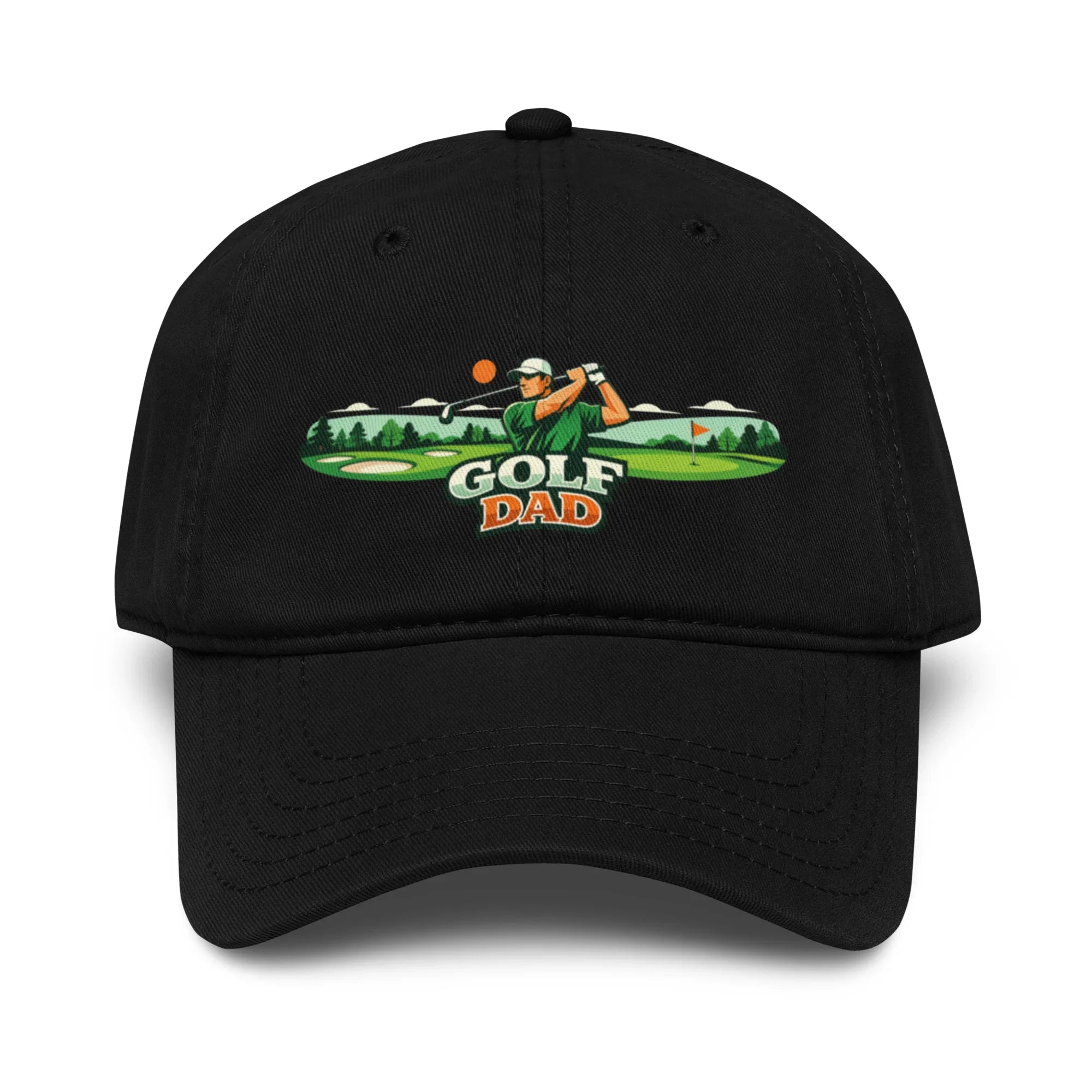 Black baseball cap with embroidered 'Golf Dad' text and golfer graphic on the front