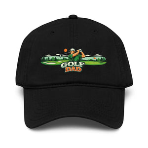 Black baseball cap with embroidered 'Golf Dad' text and golfer graphic on the front