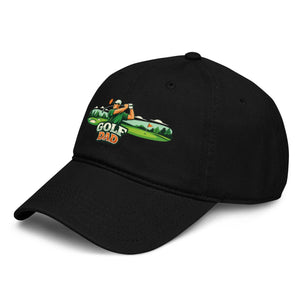 Black dad hat with colorful embroidered golfer and 'Golf Dad' text on front