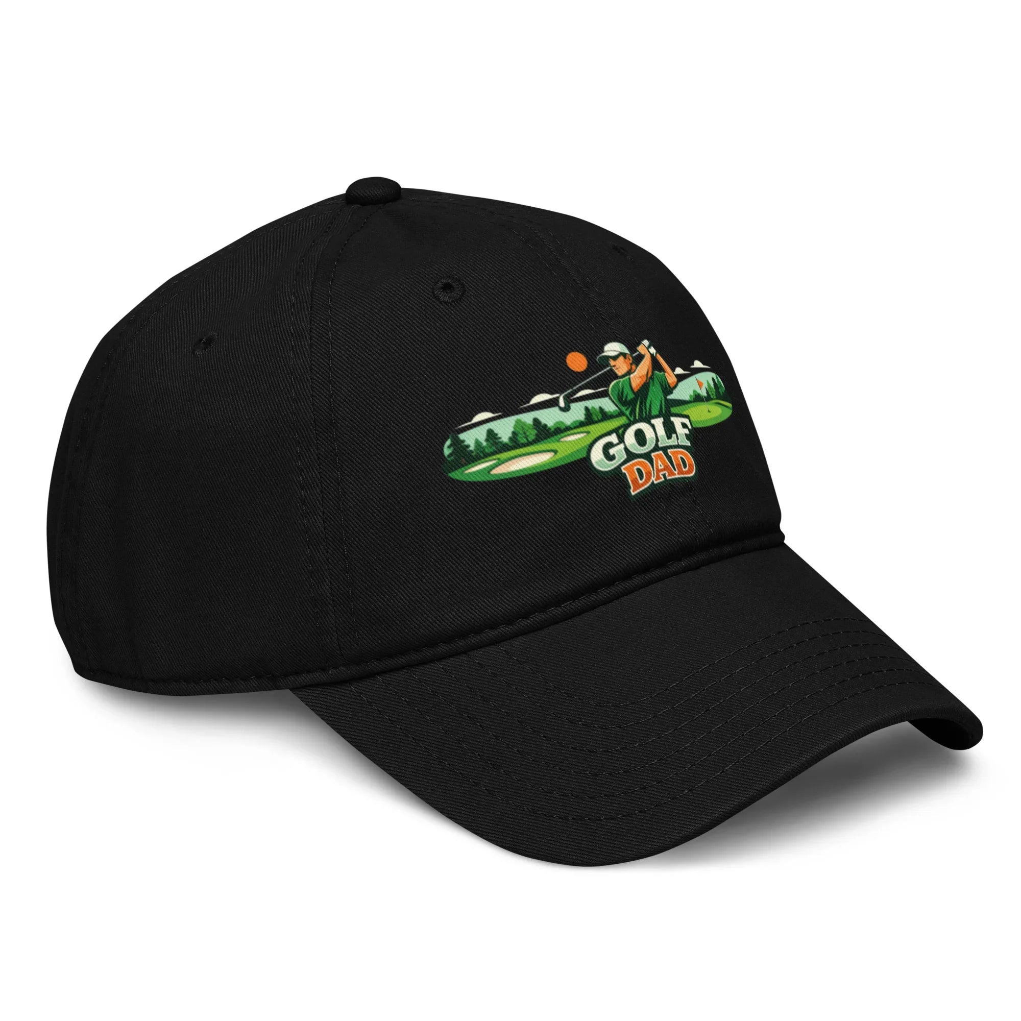 Black dad hat with embroidered golfer and text 'Golf Dad' on the front, right side view