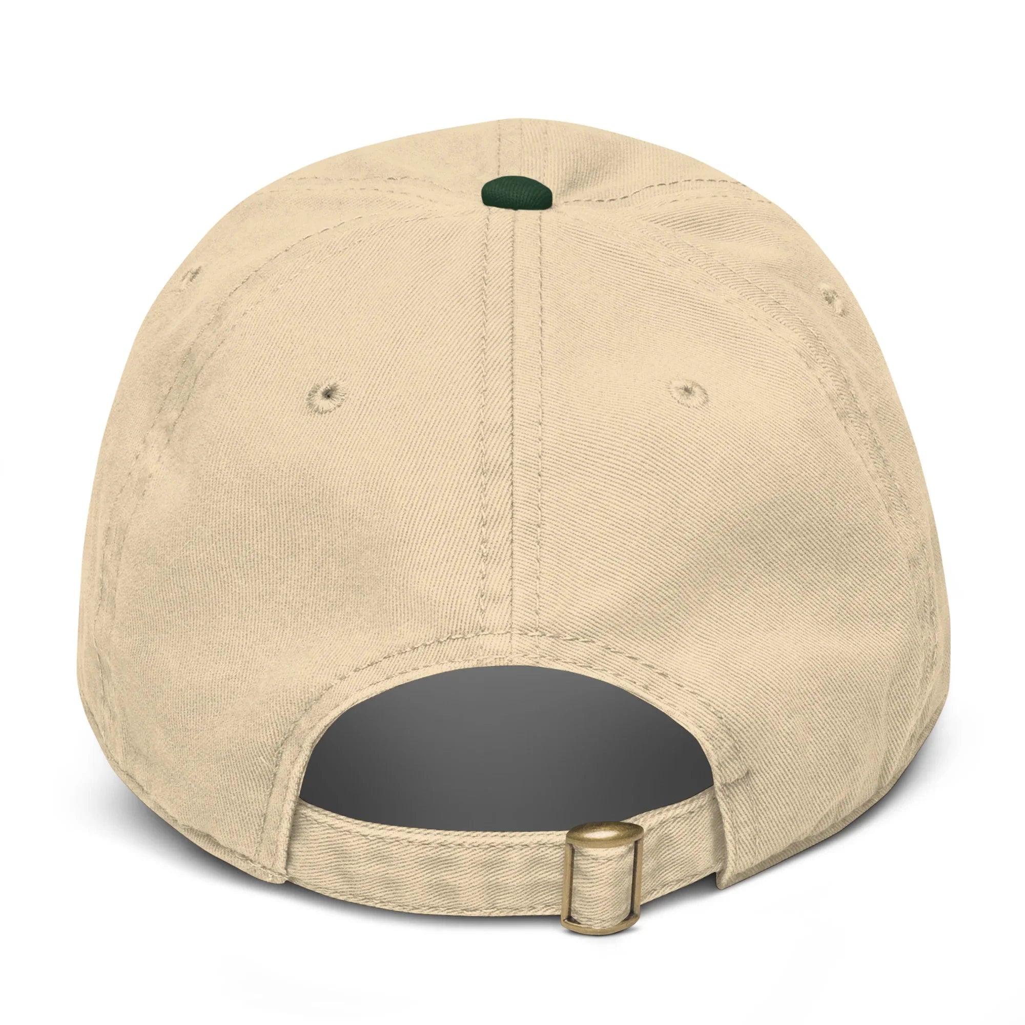 Back view of a khaki baseball cap with green button and adjustable strap