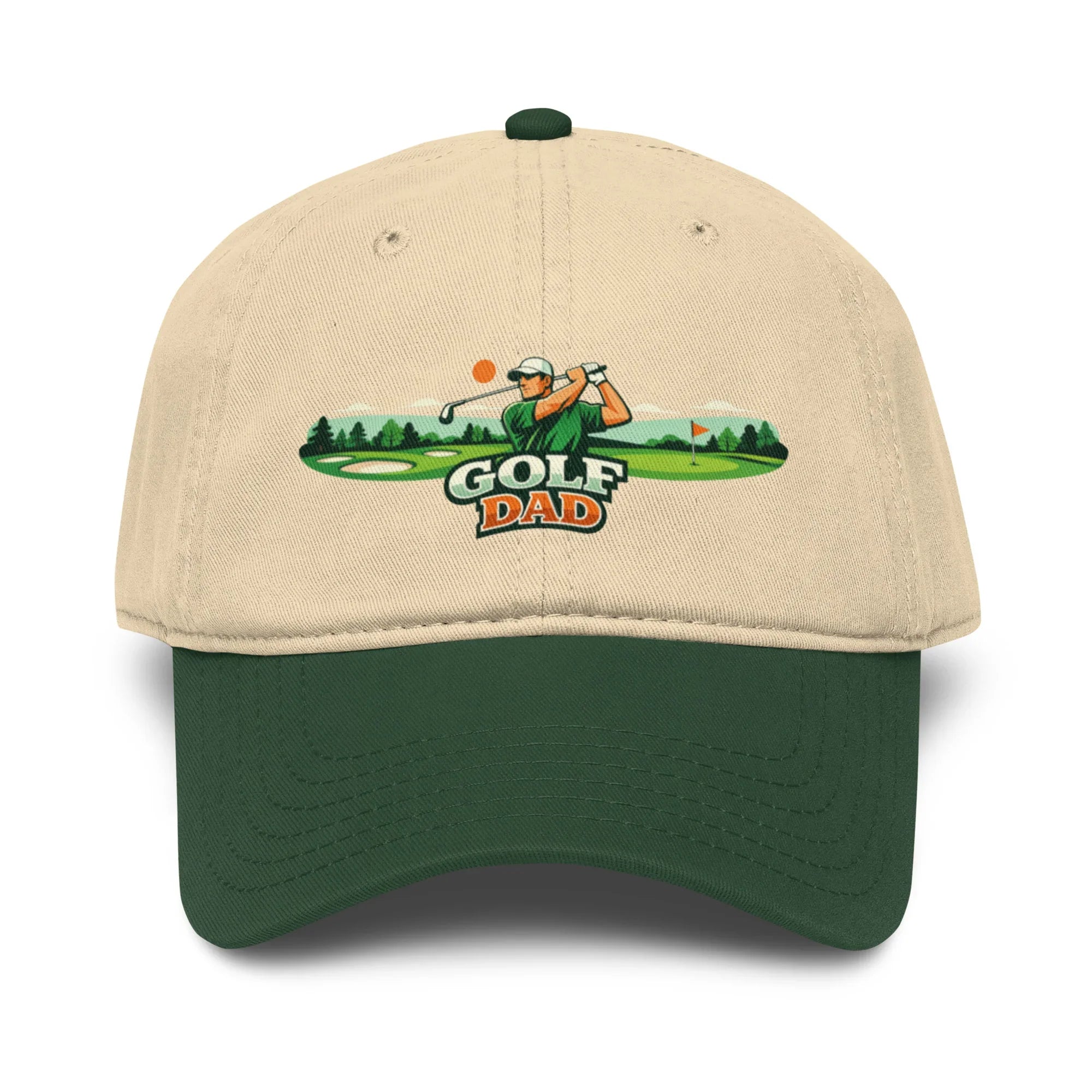 Beige and dark green baseball cap with 'Golf Dad' golfer graphic on the front.