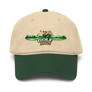 Beige and dark green baseball cap with 'Golf Dad' golfer graphic on the front.