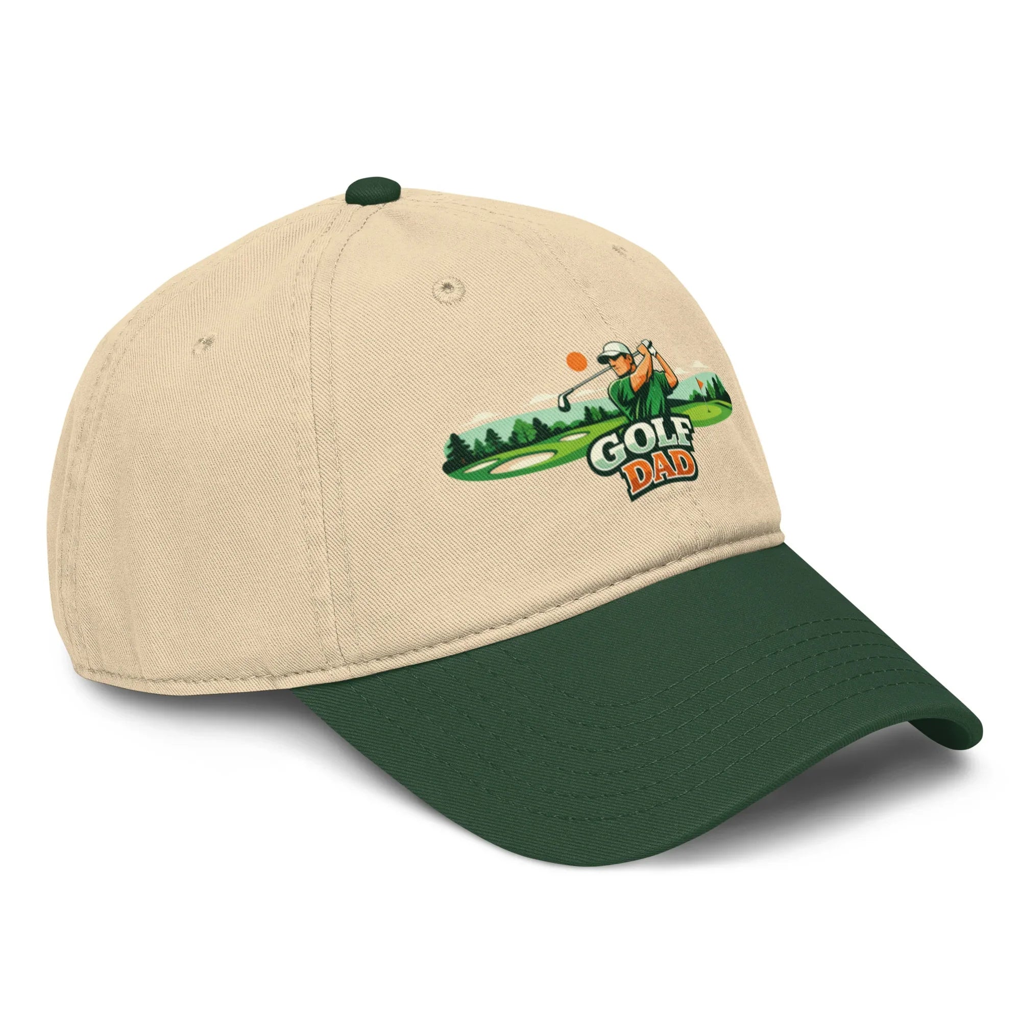 Dark green and khaki baseball cap with Golf Dad logo and golfer graphic on the front.