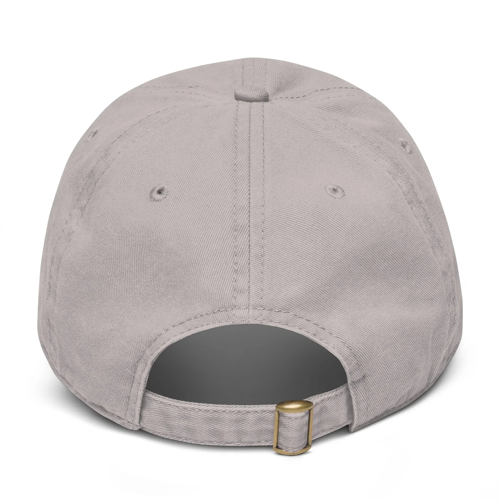 Gray cotton baseball cap back view with adjustable metal buckle closure