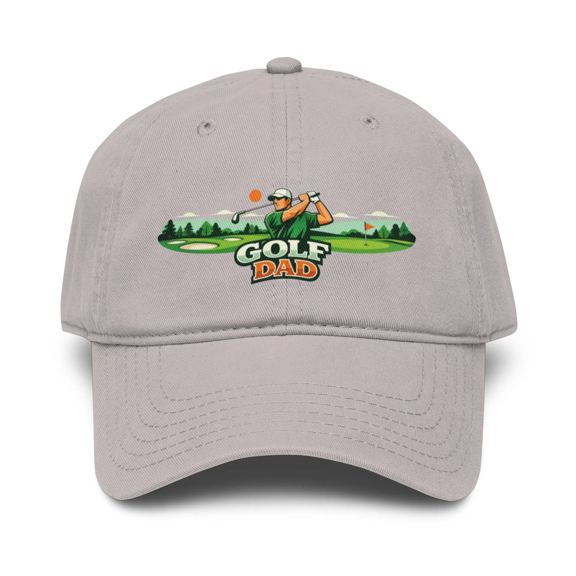 Gray dad cap with embroidered golf design, golfer, and 'GOLF DAD' text on front
