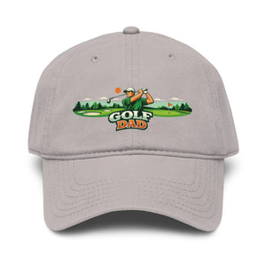 Gray dad cap with embroidered golf design, golfer, and 'GOLF DAD' text on front