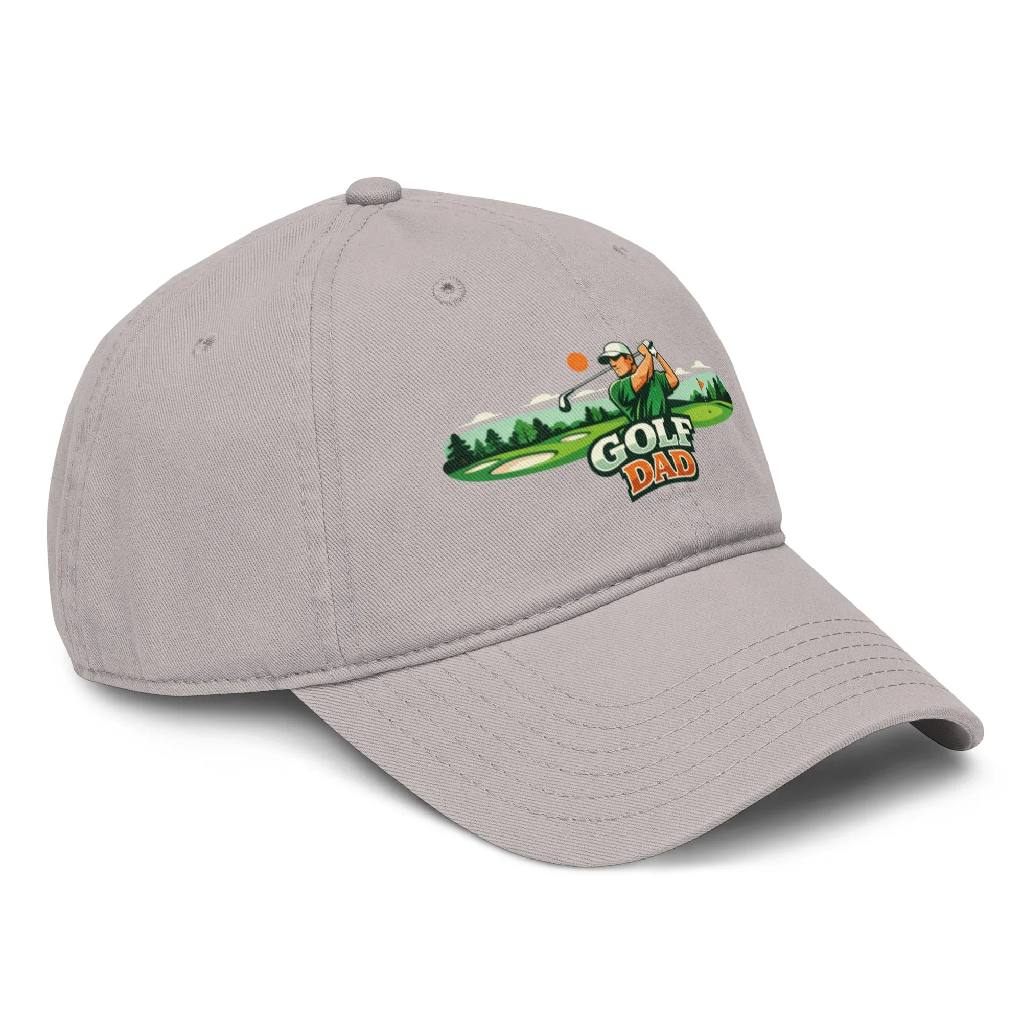 Gray baseball cap with embroidered golf course and "Golf Dad" text on the front panel