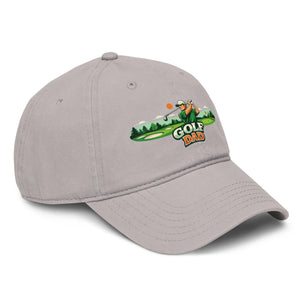 Gray baseball cap with embroidered golf course and "Golf Dad" text on the front panel