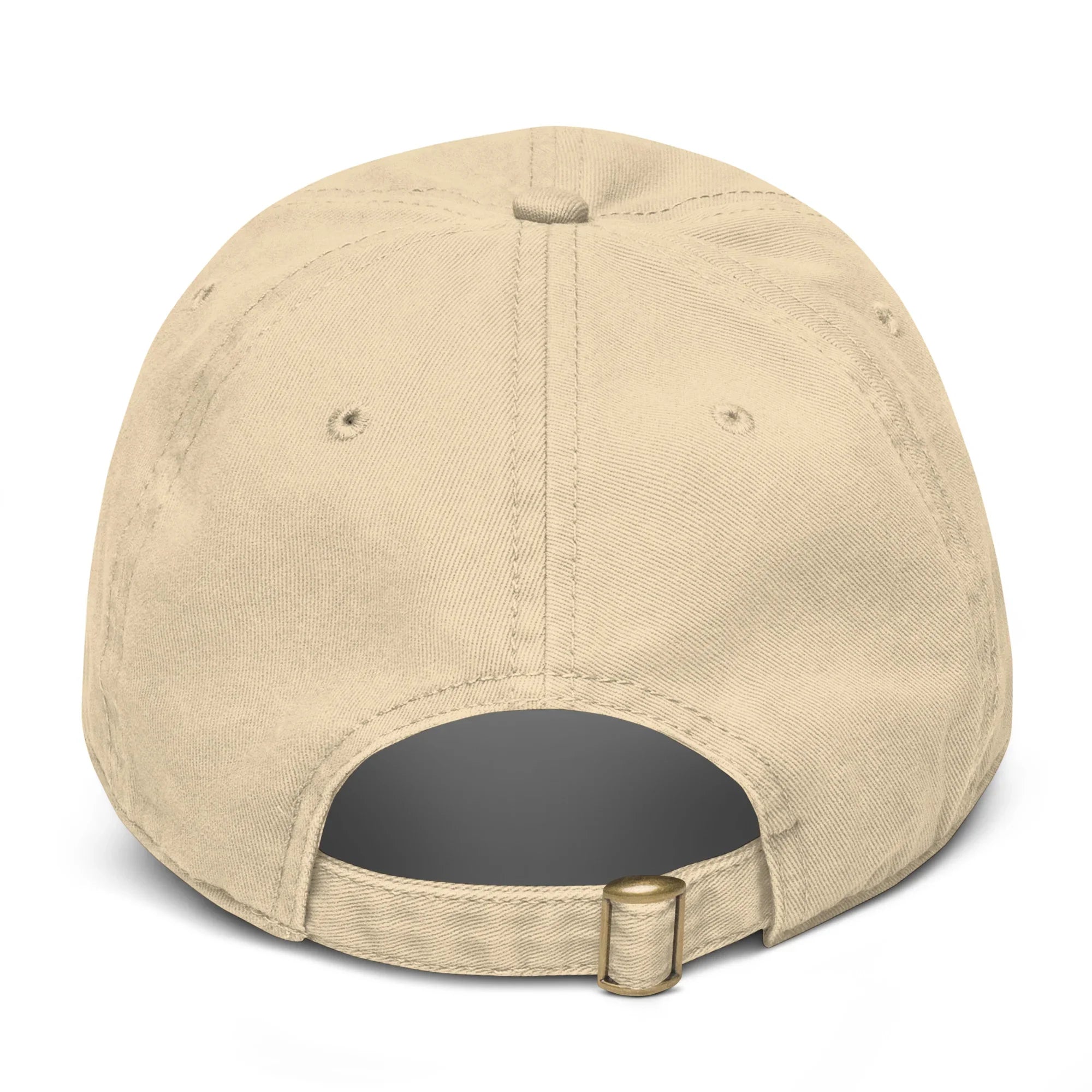 Khaki cotton baseball cap back view with adjustable strap and metal buckle