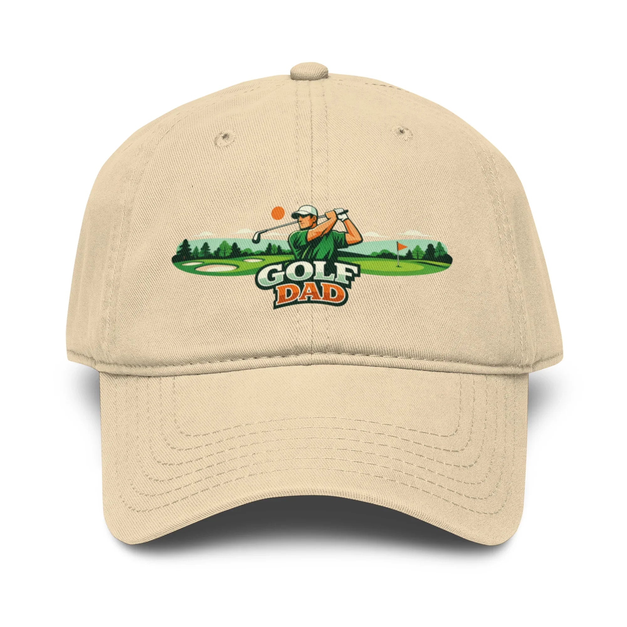 Khaki baseball cap with embroidered Golf Dad golfer graphic on front