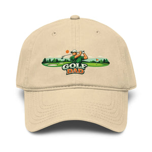 Khaki baseball cap with embroidered Golf Dad golfer graphic on front