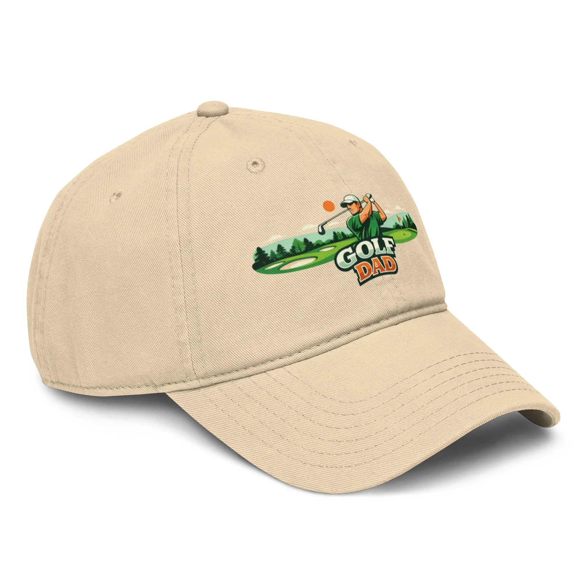 Khaki baseball cap featuring embroidered golf dad logo with golfer graphic on front