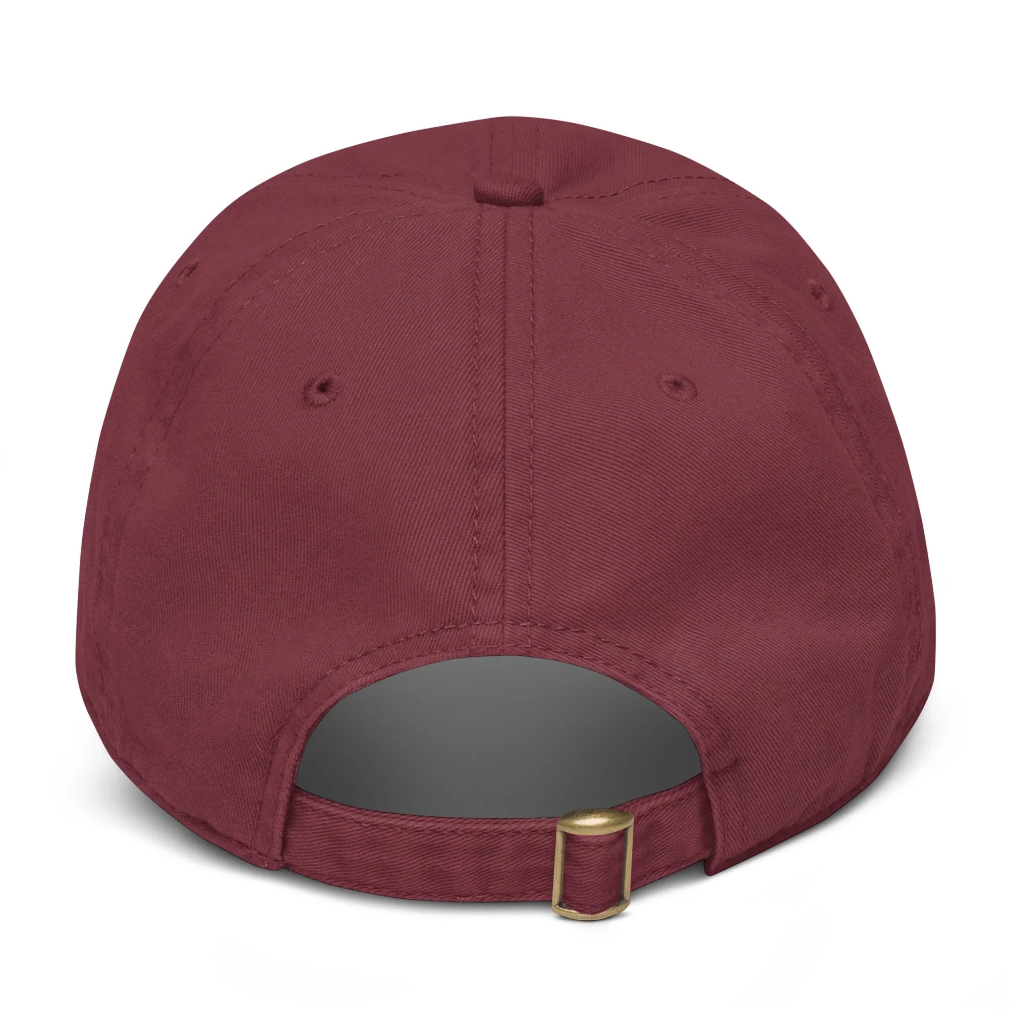 Back view of maroon adjustable cotton dad hat with brass buckle closure