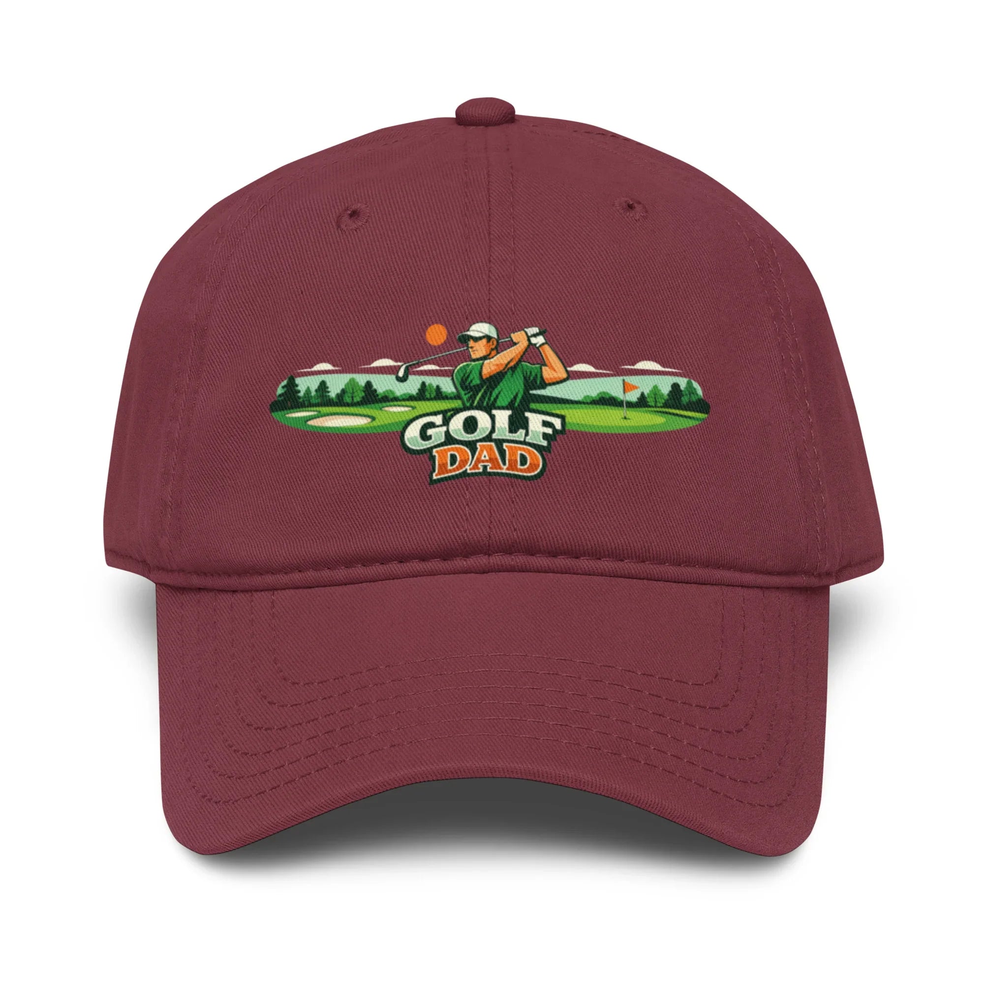 Maroon baseball cap with embroidered Golf Dad golfer graphic on front panel.