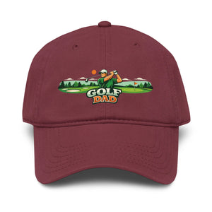 Maroon baseball cap with embroidered Golf Dad golfer graphic on front panel.