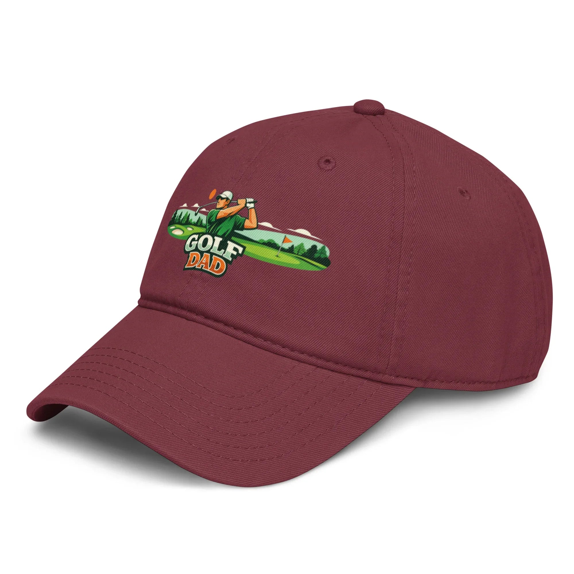 Maroon baseball cap with embroidered Golf Dad graphic and golfer illustration on front