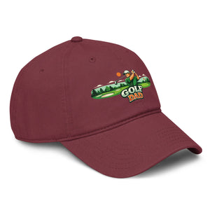 Maroon baseball cap with embroidered Golf Dad graphic on the front, right side view