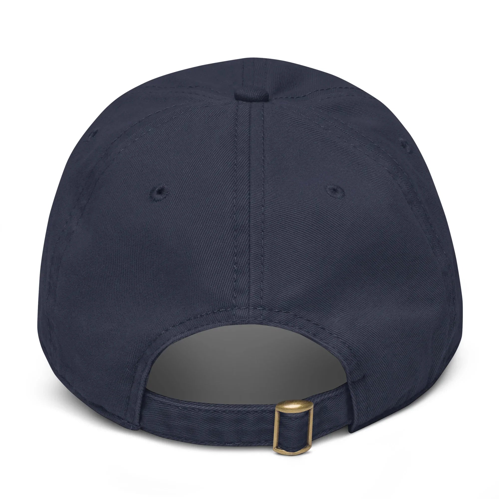Navy blue baseball cap back view with adjustable strap and brass buckle