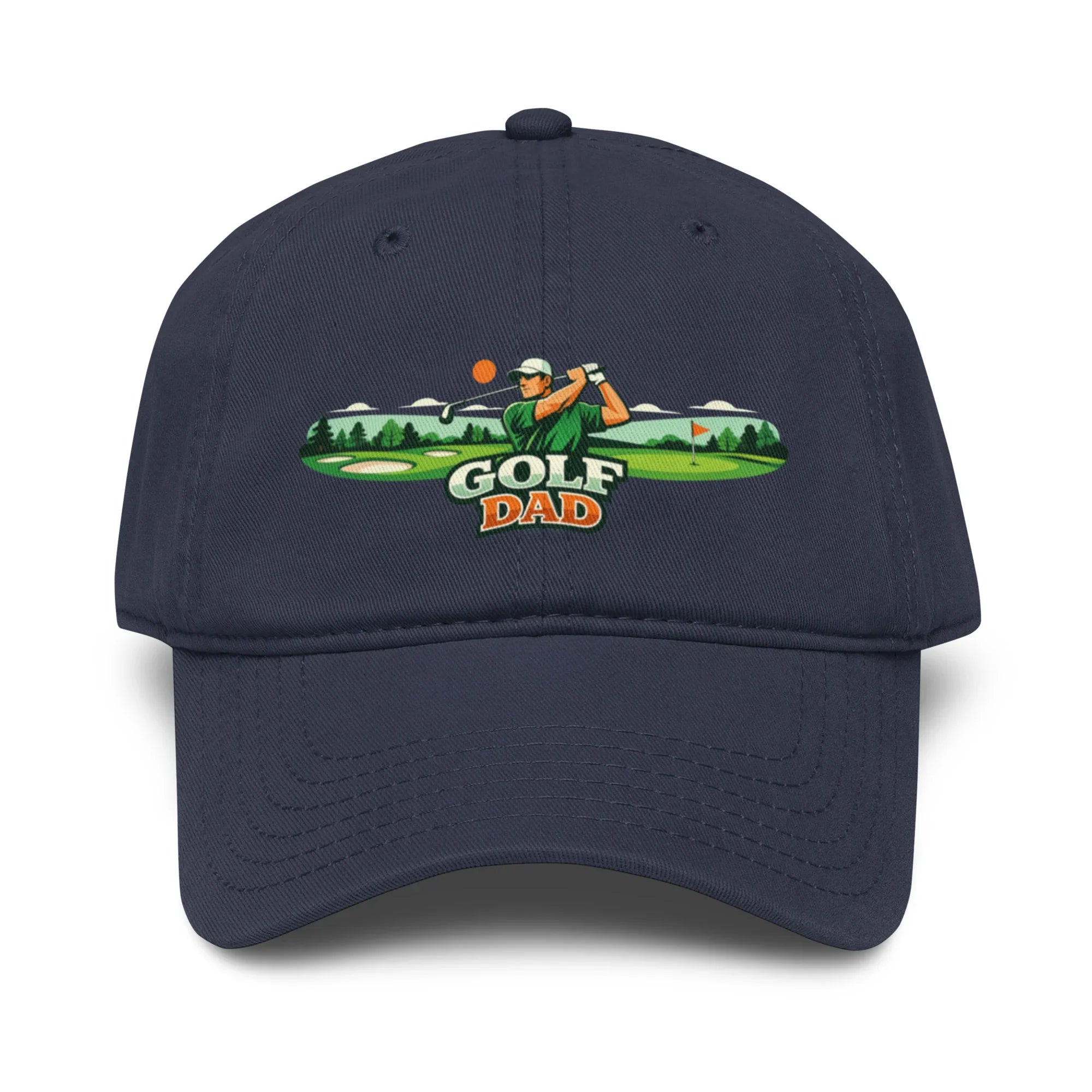 navy blue baseball hat with embroidered golf dad graphic and golfer on front